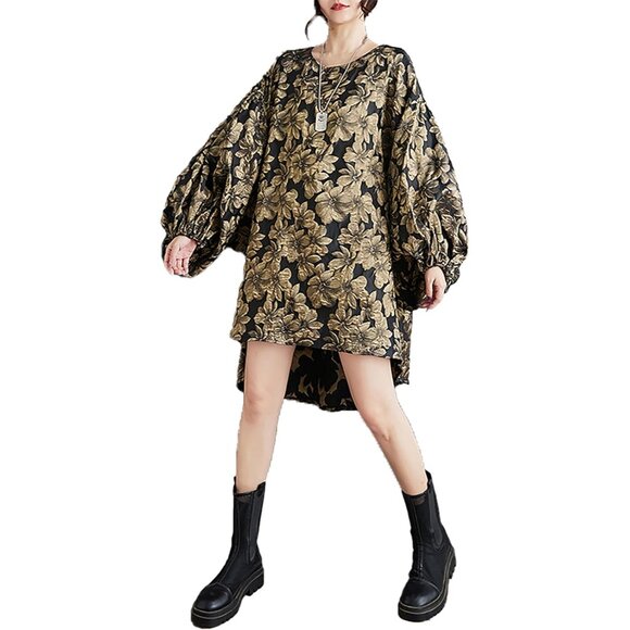 Women's Cotton-Polyester Long Sleeve Crewneck Casual Dress Oversize - Picture 1 of 6